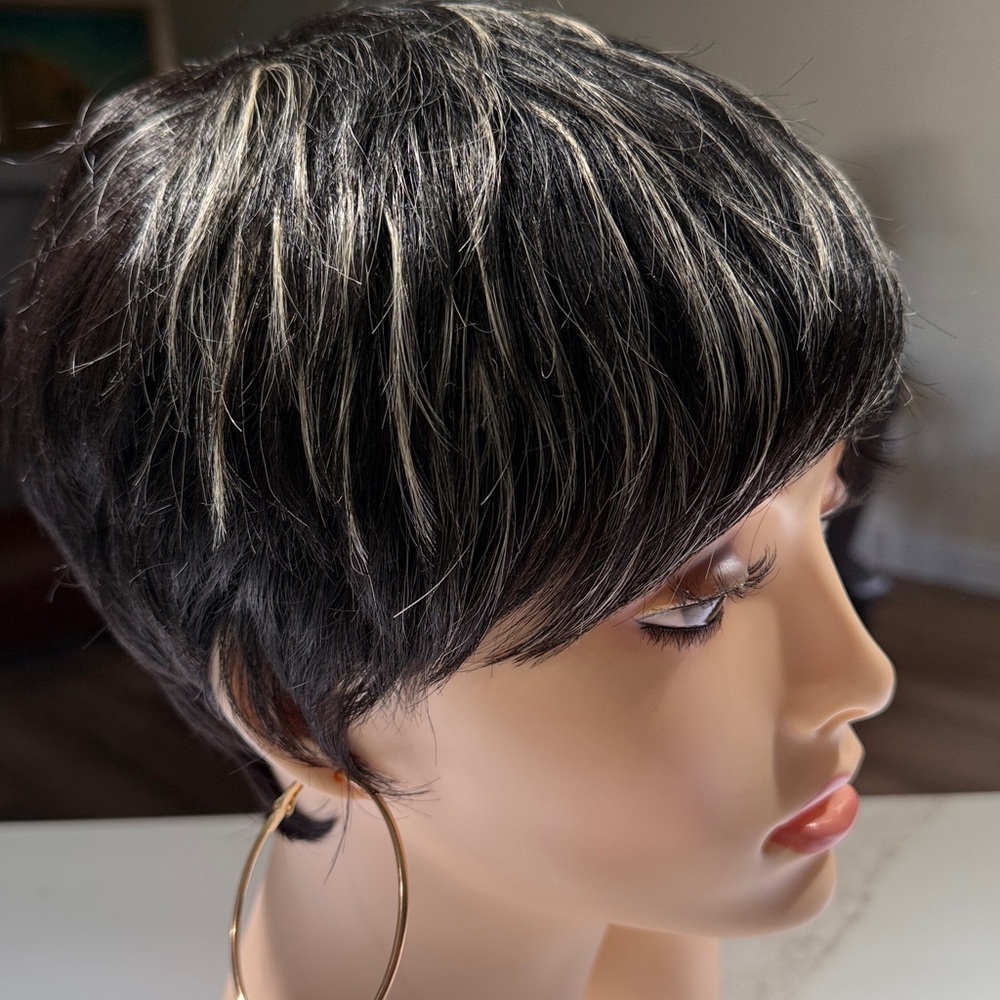 HAIR, Pixie Short with bangs, Black, Blonde highlights